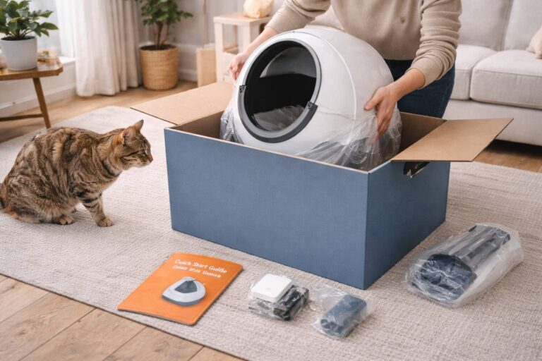 Het uitpakken van een nieuwe automatische kattenbak